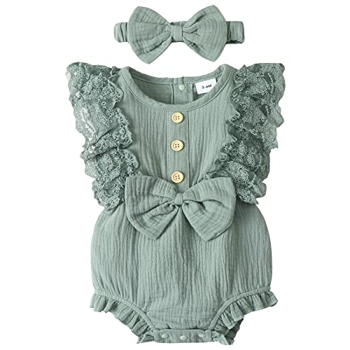 Wgnonw Baby Girl Clothes Newborn Summer Rompers Lace Ruffle Sleeveless One-Pieces Buttons Jumpsuits Bodysuit With Headband Armygreen 0-3M #TOP30