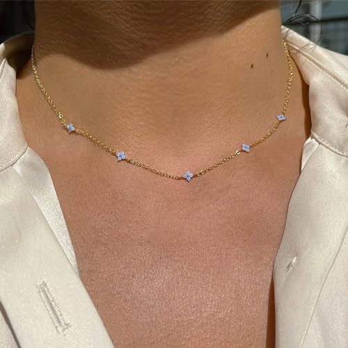 Freekiss Gold/Silver Necklace for Women, Dainty Chain Necklace 14K Gold Plated Station Choker Necklace Non Tarnish Small Cute Clover Flower CZ Diamond Necklaces Jewelry for Women Gifts2