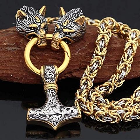 QZY GOLD & SILVER Wolf King Chain with Mjolnir Necklace,Men Norse Viking Amulet Pendant Thor Hammer - Large Byzantine Chain,Round,70 CM 28 INCHES Cover