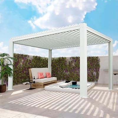 Domi Outdoor Louvered Pergola 10x10FT with Adjustable Steel Roof, Outdoor Aluminum Frame Rainproof Pergola for Backyard, Garden and Lawn,White