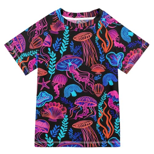 ALAZA Kids Rash Guard Boys Toddler Swim Shirts Short Sleeve Jellyfish Neon UPF 50+ 3T