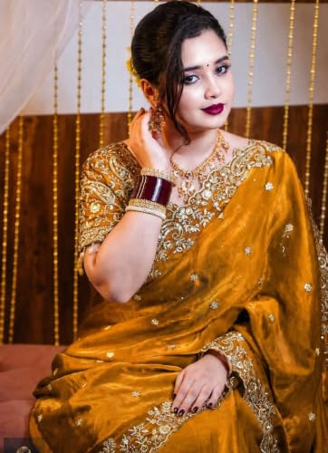 Image of DESTY Saree with Intricate Gold Embroidered Border & Designer Blouse