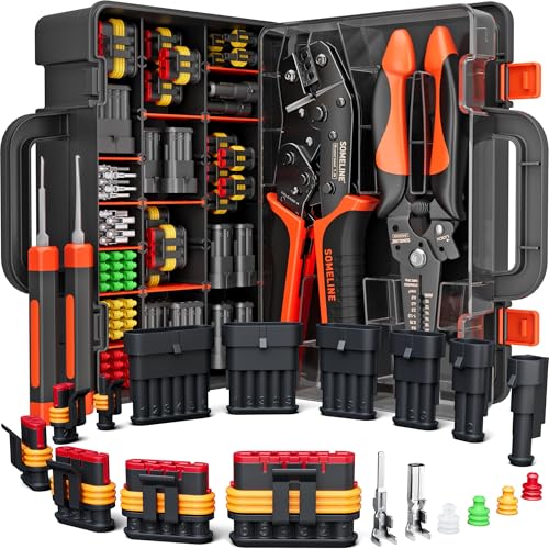 SOMELINE Crimping Tool Kit, Waterproof Automotive Electrical Connectors (1/2/3/4/5/6 Pin), 22–14 AWG Ratchet Crimper & Terminal Removal Tools for Car/Motorcycle/Boat
