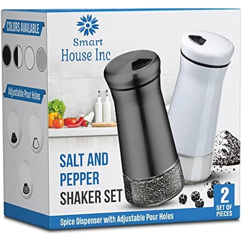 Salt and Pepper Shakers - Black & White Spice Dispenser with Adjustable Pour Holes - Stainless Steel & Glass - Set of 2 Bottles By Smart House Inc Cover