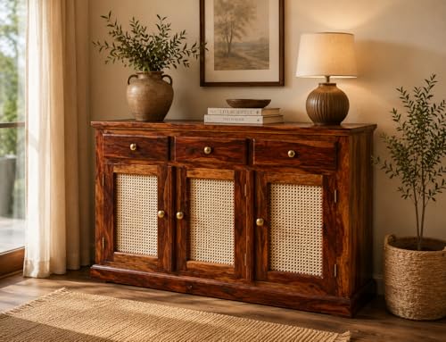 Image of Solid Sheesham Wood Sideboard Cabinet for Living Room | Storage Cabinet with 3 Doors & 4 Drawers | Wooden Buffet Cabinet | Cane Cabinet | Console Cabinet | Home Furniture Dark Honey Finish