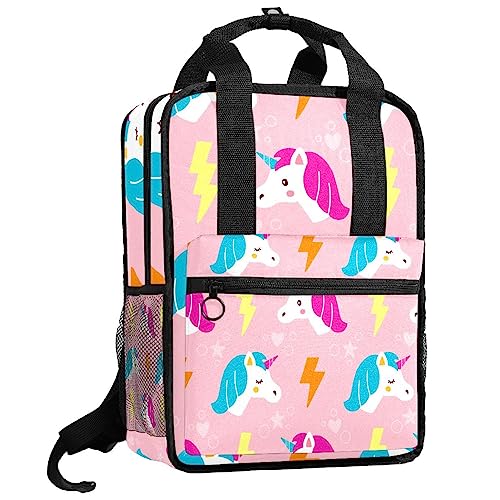 Cartable licorne rose pour filles et garçons | Sac à dos écolier multicolore 35cm