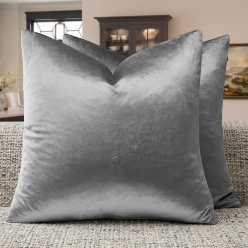 Image of GIGIZAZA Decorative Throw Pillow Covers 24 x 24,Sofa Cushion Grey Pillow Covers,Velvet Pillow Square Cushion Covers (Deep Grey, 24 x 24- Set of 2)