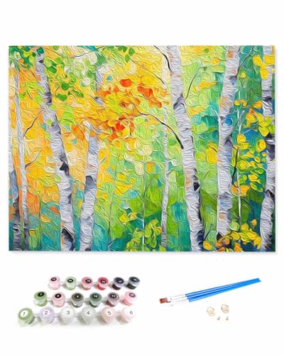 VamJump 数字油絵 手塗り 近代主義 夏 植物 油絵 木 シラカバの木 DIY絵 初心者 時間をつぶす 壁飾り アートクラフト 絵画手芸キッ 絵の具をつける 塗りつぶし掛け 40x40cm