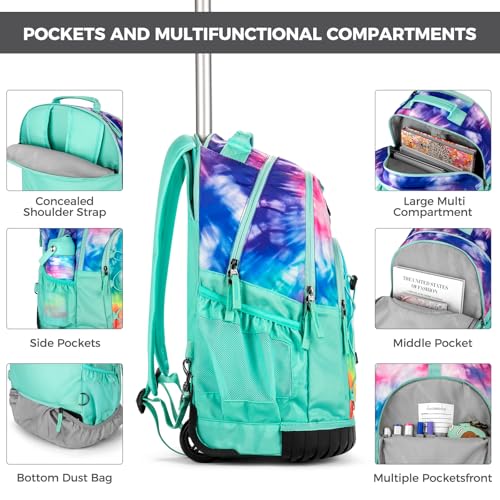 Choco Mocha Rolling Backpack for Girls, 18 Inch Roller Backpack for Middle School Bookbag with Wheels for Teen Girl, Butterfly Rolling Backpacks for Girls 8-12 with Lunch Bag Set, Blue3