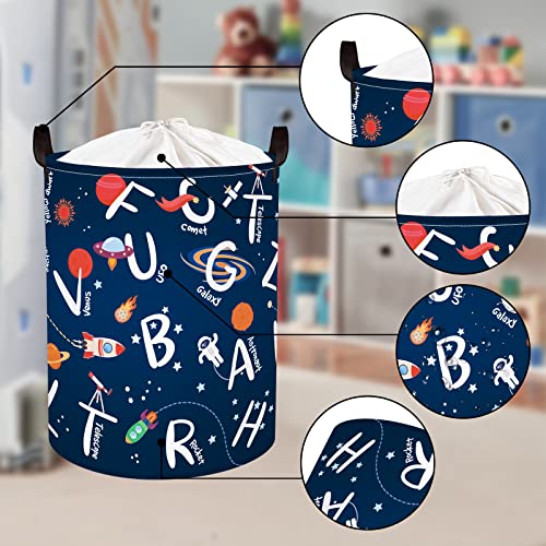 Clastyle 45L Universe Space Alphabet Planet Nursery Laundry Basket Rocket Round Toy Clothes Blue Storage Basket For Kindergarten, 14.2X17.7 In #TOP4