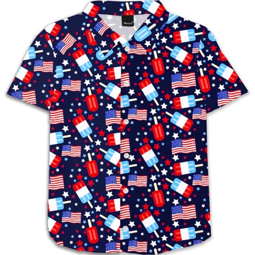 Image of Remimi Unisex Kids 4th of July Button Up Shirt Boys American Flag Print Hawaiian Beach Short Sleeve Tops 5-14 Years