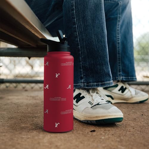 Image of Logo Brands NCAA Alabama Crimson Tide Step & Repeat 34 oz Stainless Steel Quencher Bottle - All Over Logo Design, No-Spill Lid, Easy Carry Handle - Keeps Drinks Cold For Hours