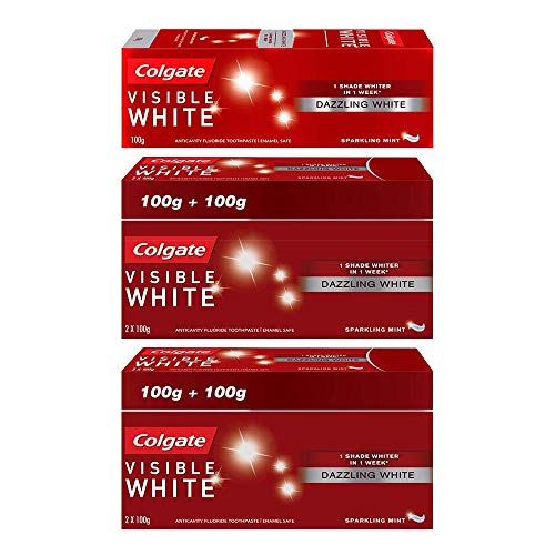 Image of Colgate Visible White, Teeth Whitening Toothpaste, 500g, 200gm x 2 + 100gm (Sparkling Mint)