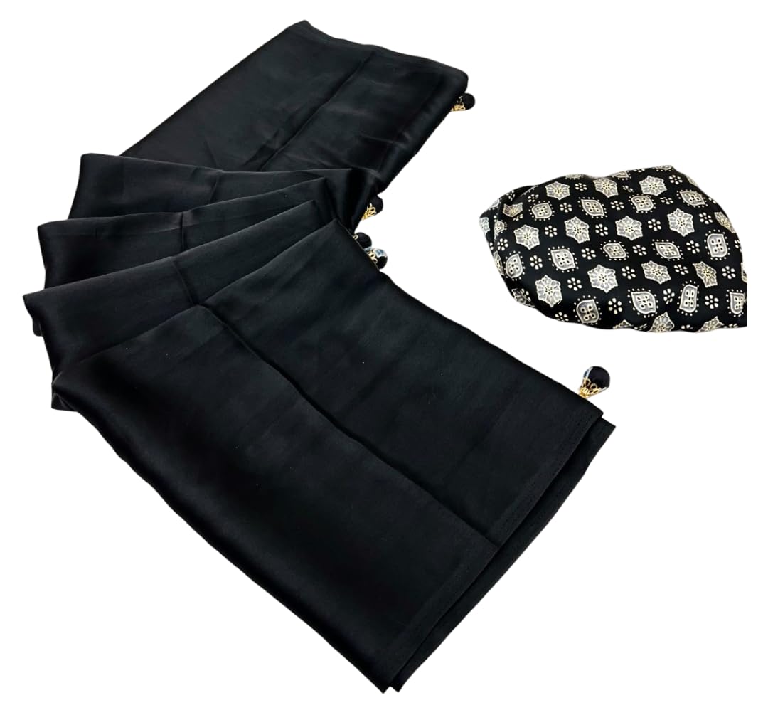 DC ELEMENTS Ajrakh Print Semi Modal Saree for Women Printed Traditional Ethnic Sari with Unstitched Blouse Piece (Black)