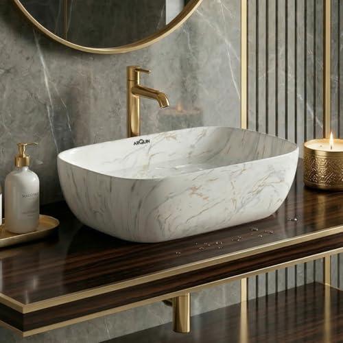 Image of ARQUIN Wash Basin for Bathroom Table Top Washbasin, Countertop Basin | Ceramic Washbasin Bathroom,Hotel | Living Room | Office Vanity Wash Basin (17.91x12.8 x5.31 Inch)
