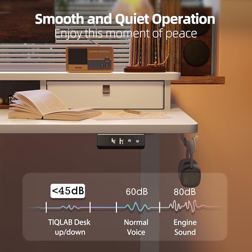 Image of TIQLAB Standing Desk with Two Drawers, Stand Up Standing Desk Adjustable Height, Electric Sit Stand Table with Storage Shelf and Splice Board, 48 * 24 inch, White