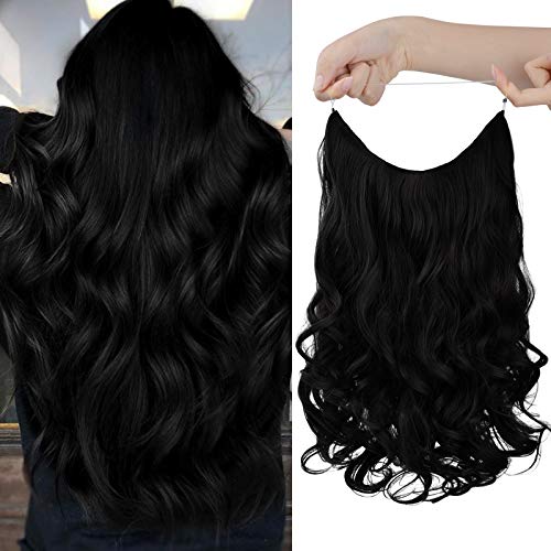 HOOJIH Halo Hair Extensions 3 Ways Adjustable Head Size One Piece Curly Wavy Hair Extension Synthetic Hairpieces for Women 20 Inch --Black