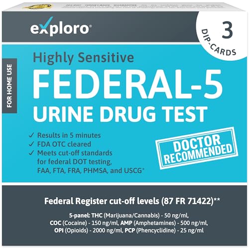 Exploro Federal Level 5 Panel Drug Test Kit - At Home Urine Drug Screen for THC, Cocaine, Amphetamines, Opiates, PCP - Accurate Results for Pre-Employment & Personal Use (Pack of 3)