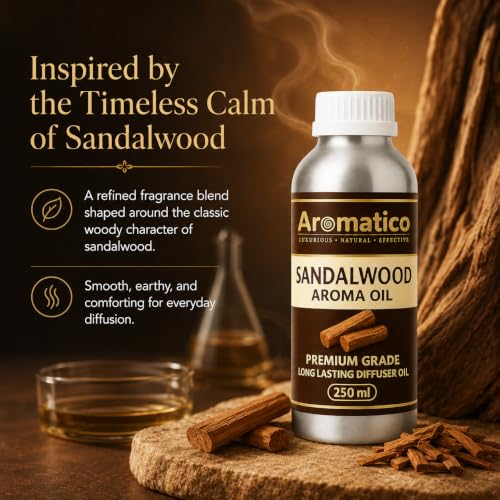 Image of AROMATICO Sandalwood Diffuser Oil with Strong, Long-Lasting Aroma for Homes, Offices & Showrooms. Aromatherapy, Diffusers, Air Purifiers, Vaporizers - 250 ml