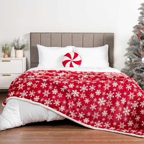 PAVILIA Red Snowflake Christmas Sherpa Throw Blanket, Ultra Soft Reversible