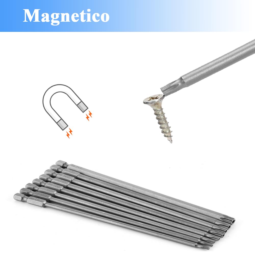 Mesee 8 pezzi Punte per Cacciavite Torx da 150 mm Punte Cacciavite Magnetiche con Asta Esagonale 1/4" Punta di Sicurezza Torx a Stella T8-T40 Punta Bit in Acciaio S2