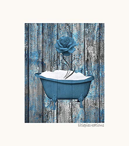 Amazon Com Rustic Blue Farmhouse Wall Art Rose Flower Vintage Bathtub Matted Photography Home Decor Wall Decor Options Handmade
