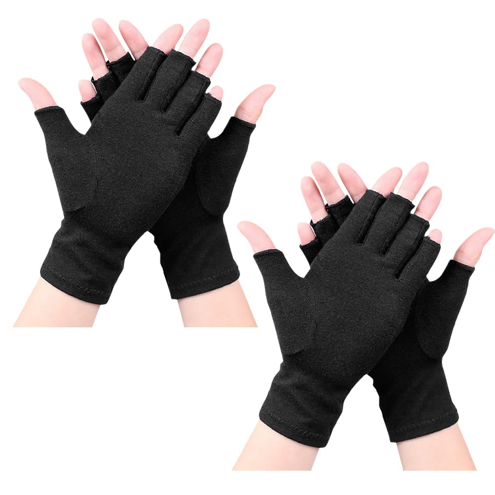 HugeDE 2 Pairs Fingerless Compression Gloves Open Finger Gloves Computer Typing Mittens Hand Thumb Compression Gloves for Women Men Black