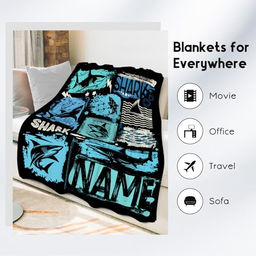 Custom Shark Blanket Kids - 50x60 Inches Cute Throw Blanket for Boys - Black Soft Fuzzy Blankets for Bed, Couch & Travel