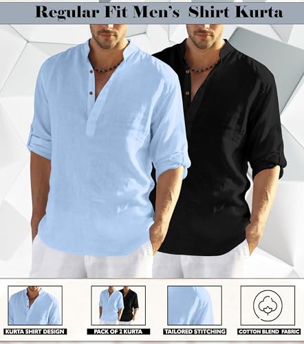 Image of Zombom Men's Combo Cotton Polyester Blend Solid Full Sleeve Straight Regular Fit Mandarin /Chinese Collor Kurta (Pack of 2)