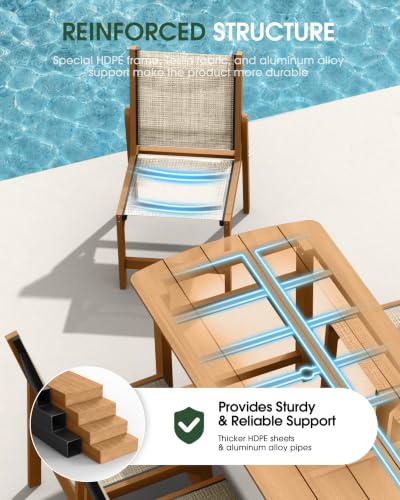 Image of HDPE Outdoor Patio Dining Set with Table & 6 Stackable Armless Textilene Chairs, All-Weather 7-Piece Dining Table Set with Umbrella Hole, Patio Furniture for Garden, Poolside, Backyard, Deck | Teak