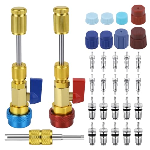 OXDFK 31 PCS R134A Valve Core Quick Remover Installer Tool Kit, High Low Pressure AC Valve Core Removal Tool, R134A Valve Core AC Service Port Cap Valve Stem for Refrigerant Air Conditioner System