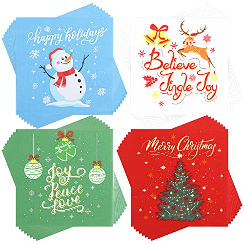 Faccito 100 Pcs Christmas Napkins Snowman Paper Napkins Merry Christmas Tree Snowflake Cocktail Napkins Xmas Elk Guest Paper Towel for Winter Holiday New Year Family Gathering Party Supplies