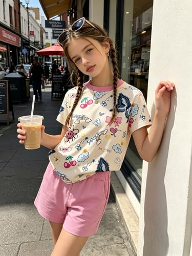 Image of Girls Clothes 2PCS Butterfly Print Short Sleeve T-Shirt + Shorts Set Teen Tween Girls Summer Outfits Set