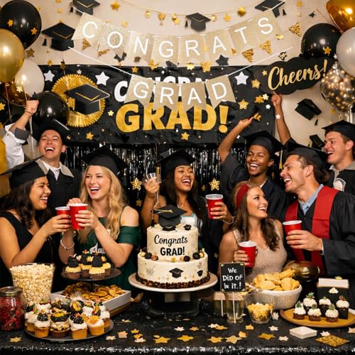 Image of Graduation Decorations 2026, Congrats Grad Banner for Congratulations Graduate Graduation Party - Set of 2 White and Gold Glitter Garlands Sign Hanging Decor for Wall Door Porch, Pre-strung No DIY