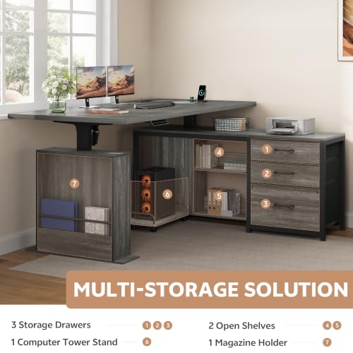 Image of 63'' L Shaped Desk with 3 Drawers Electric Standing Desks Grey