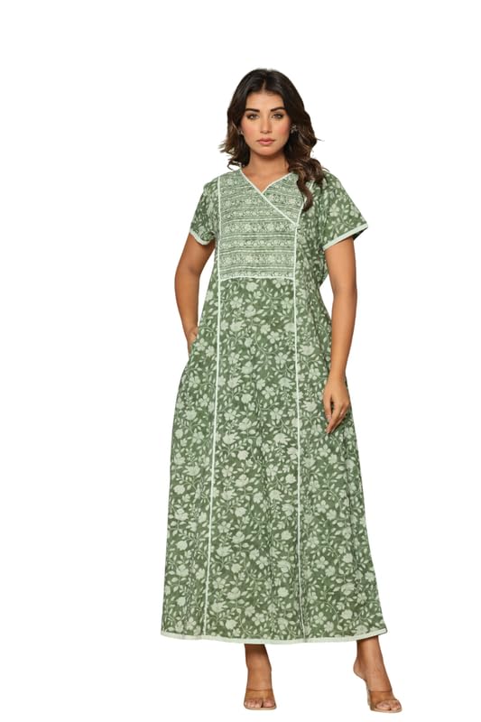 Image of NIHSAMAH Cotton Night Gown for Women - Angrakha Style Nighty, Comfortable Sleepwear /Nightwear /Maxi