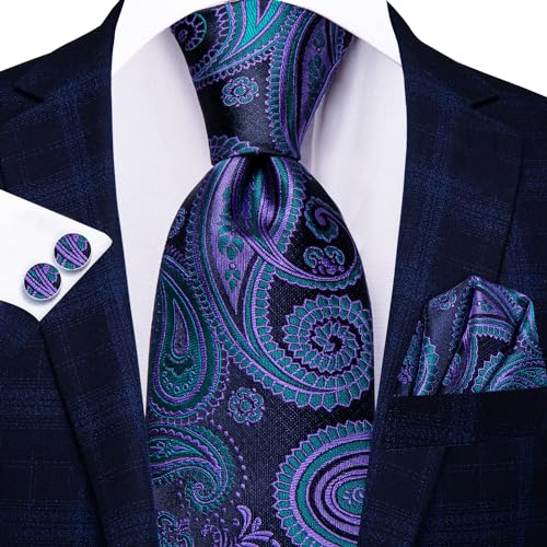 Image of Hi-Tie Men 63inches Tie Set Extra Long Necktie Paisley Tie Pocket Suqare Cufflinks Big and Tall Men Tie