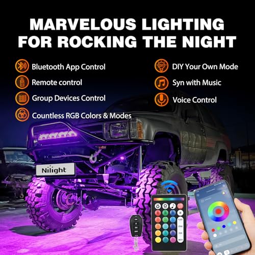 Nilight RGB LED Rock Lights Kit 6 PCS 18LED Wide Angle Wheel Well Light with Remote & Bluetooth App Dual Control Multi Modes Underglow Multicolor Neon Pod for ATV UTV SUV Offroad Truck RZR Boat by Nilight - Image 3