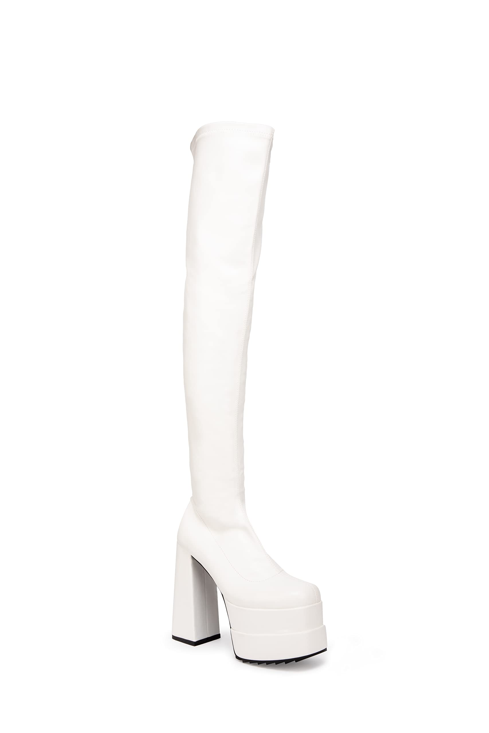 Lamoda Fantasies Platform Thigh High Boots UK5, White PU Finish, Elevated Chunky Thigh-High Design, Trendy Street Style Footwear for Casual Outings and Night Events