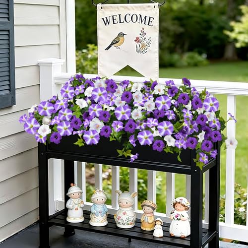 Image of Artificial Petunias 2 Packs UV Resistant, Purple White | Realistic silk no-fade faux flowers for outdoor hanging baskets, porch, patio, balcony garden decor,UV protected&weatherproof