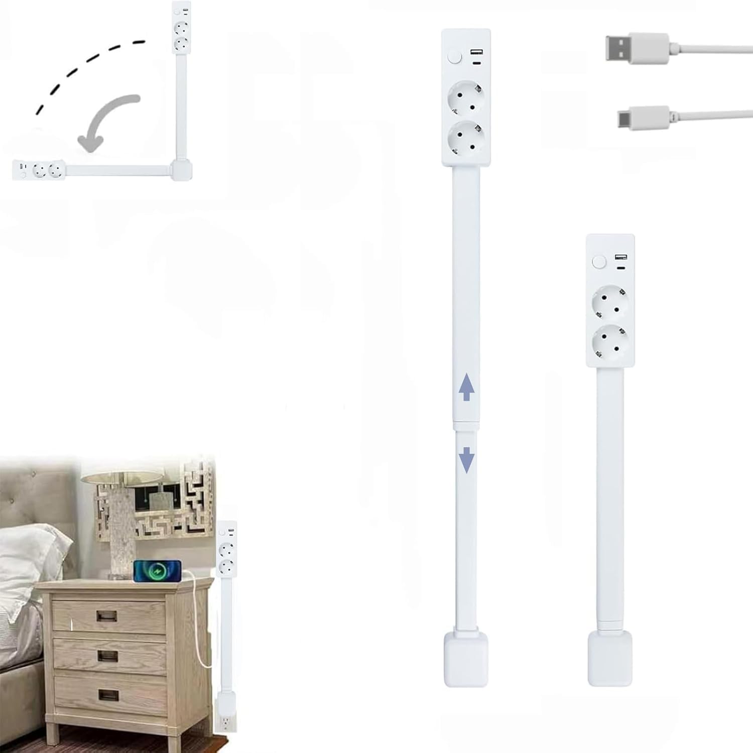 Prise murale extensible et rotative avec USB-A, USB-C et 2 prises - Idéal pour les coins étroits tels que les tables de chevet, les canapés et les bureaux.