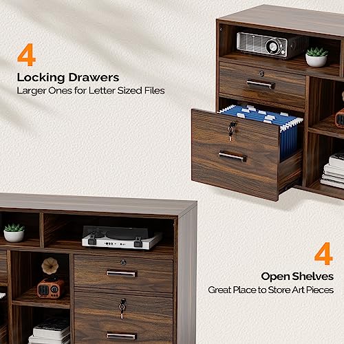 Vingli Wide 4 Drawer File Cabinet With Lock, Wood Lateral File Cabinet With Open Shelves, Lockable Rolling File Cabinets For Home Office thumb #4