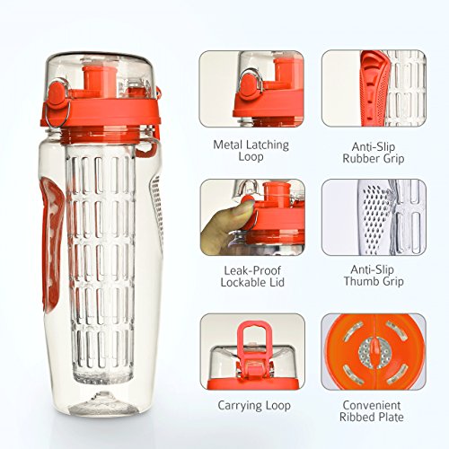 OMORC 32 OZ Sport Fruit Infuser Water Bottle, Flip Top Lid & Dual Anti-slip Grips, BPA Free Infuser Water Bottle, Free Recipes and A Cleaning Brush Gifts, Ideal for Your Office and Home(Orange)