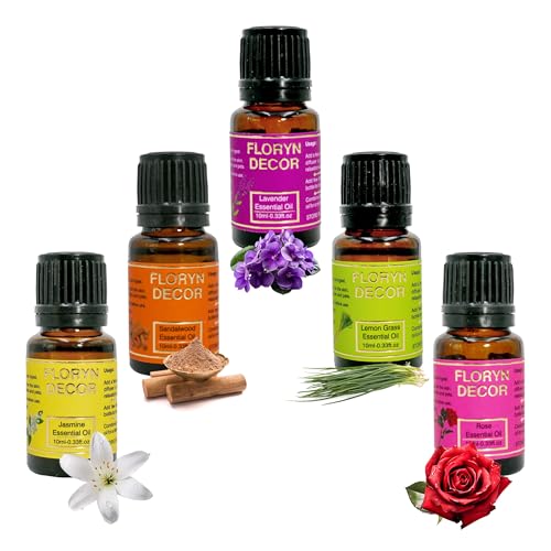 Image of Floryn Decor Pure Essential Oil | Aroma Oils for Home Fragrance | Essential Oil Diffuser for Home (Lavender, Rose, Jasmine, LemonGrass, Sandalwood, 10 ml (Pack of 5))