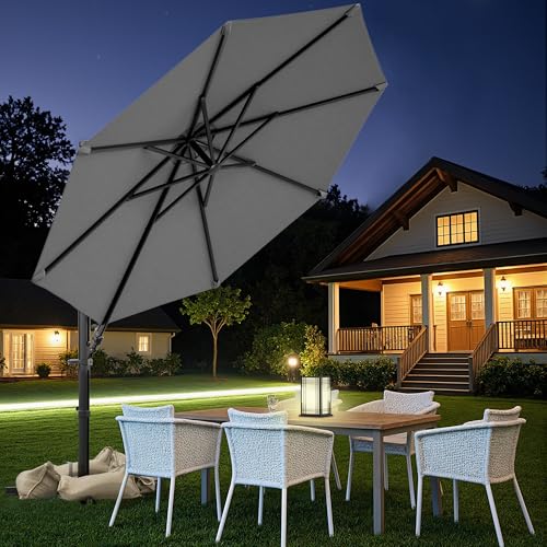 Image of Greesum 10FT Outdoor Patio Umbrella with High Pedel and 4 Gear Heights, Large Offset Market Umbrella with 360-degree Rotation, Without Base, Hanging Outdoor Shade for Garden, Lawn, Pool, Gray