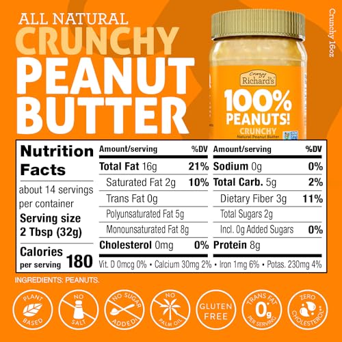 Crazy Richard's 100% All-Natural Crunchy Vegan Peanut Butter with No Added Sugar and Non-GMO (16 Ounce, Pack of 2) - Thumbnail 2
