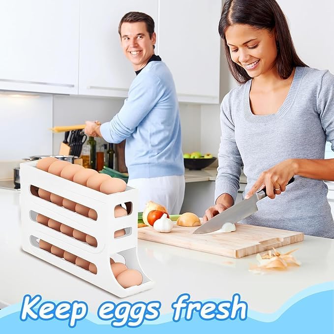 Image of 30 -Egg Holder Organiser With Automatic Rolling Dispenser For Refrigerator| Kitchen| Hotel, With Multi-layer Storage Rack. (White)