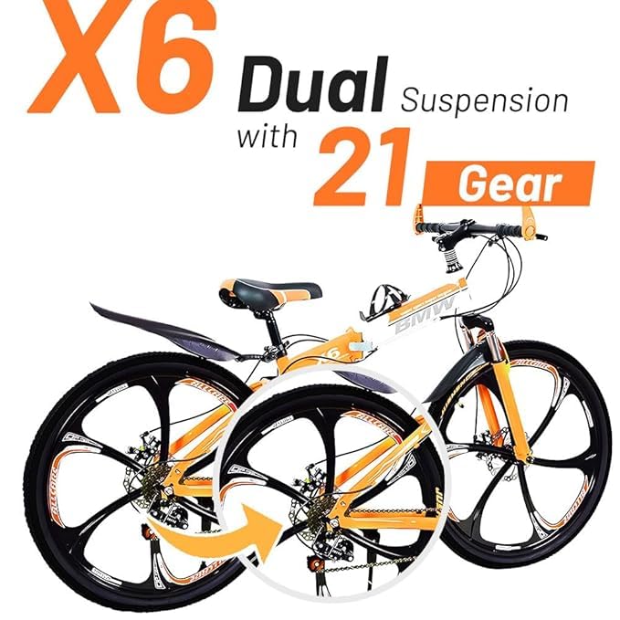 Image of Amaze Kai Dual Suspension Bikes Bm Foldable Gear Cycle for Men with 21 Speed Gear 6 Spoke | Folding Mountain Bike with Double Disc Break & Mac Wheel, 26 Inch (Orange)