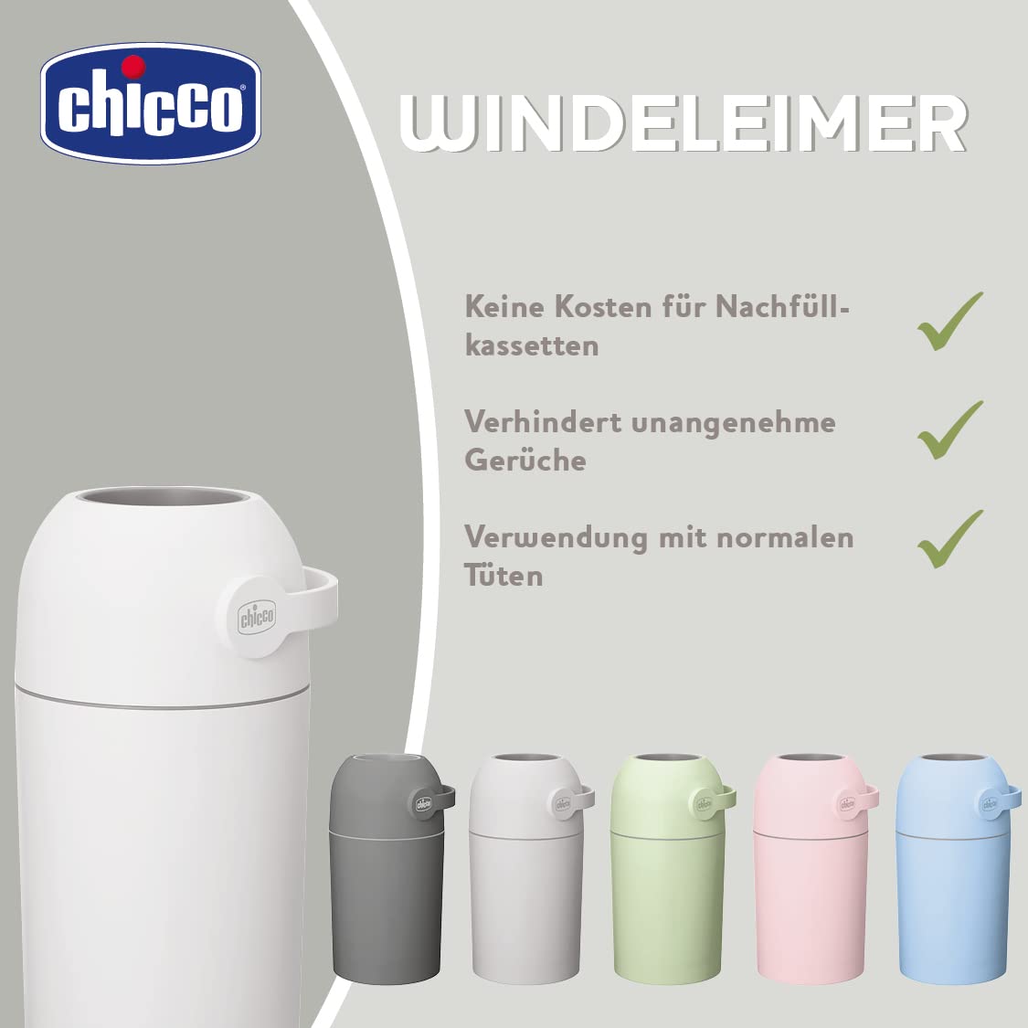 Chicco Windeleimer Odour Off, geruchsdichtes System, platzsparender Baby Windeleimer mit Deckel, ohne Nachfüllkassetten