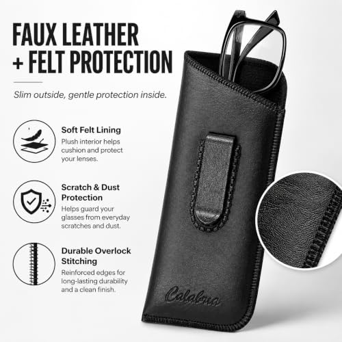 Image of Calabria Slip-In Eye Glasses Case w /Plastic Pocket Clip Faux Leather Felt Black Men Women Eyeglass Pouch Sunglasses Holder - 12PACK